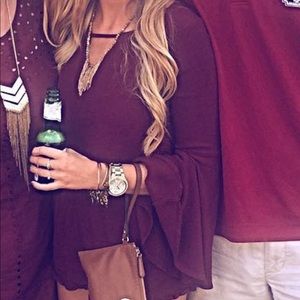 Maroon Ruffle Detail Belle Sleeve Romper